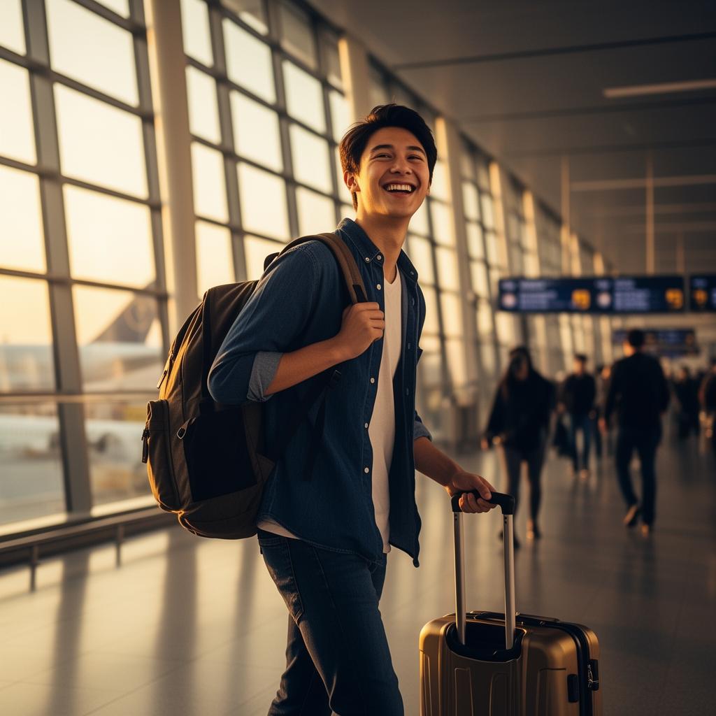 Estudante embarcando no aeroporto após planejar intercâmbio