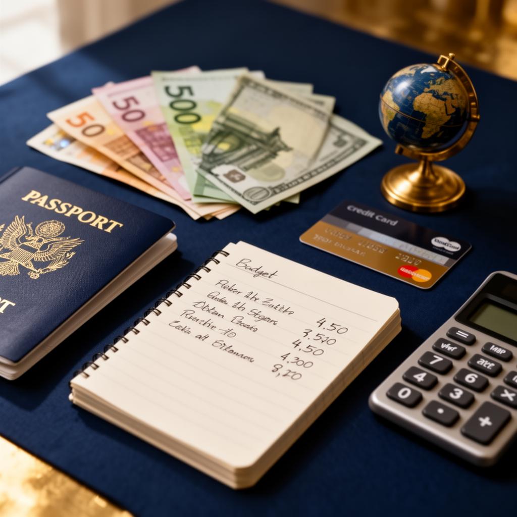 Planejamento financeiro de intercâmbio com passaporte, moedas e calculadora