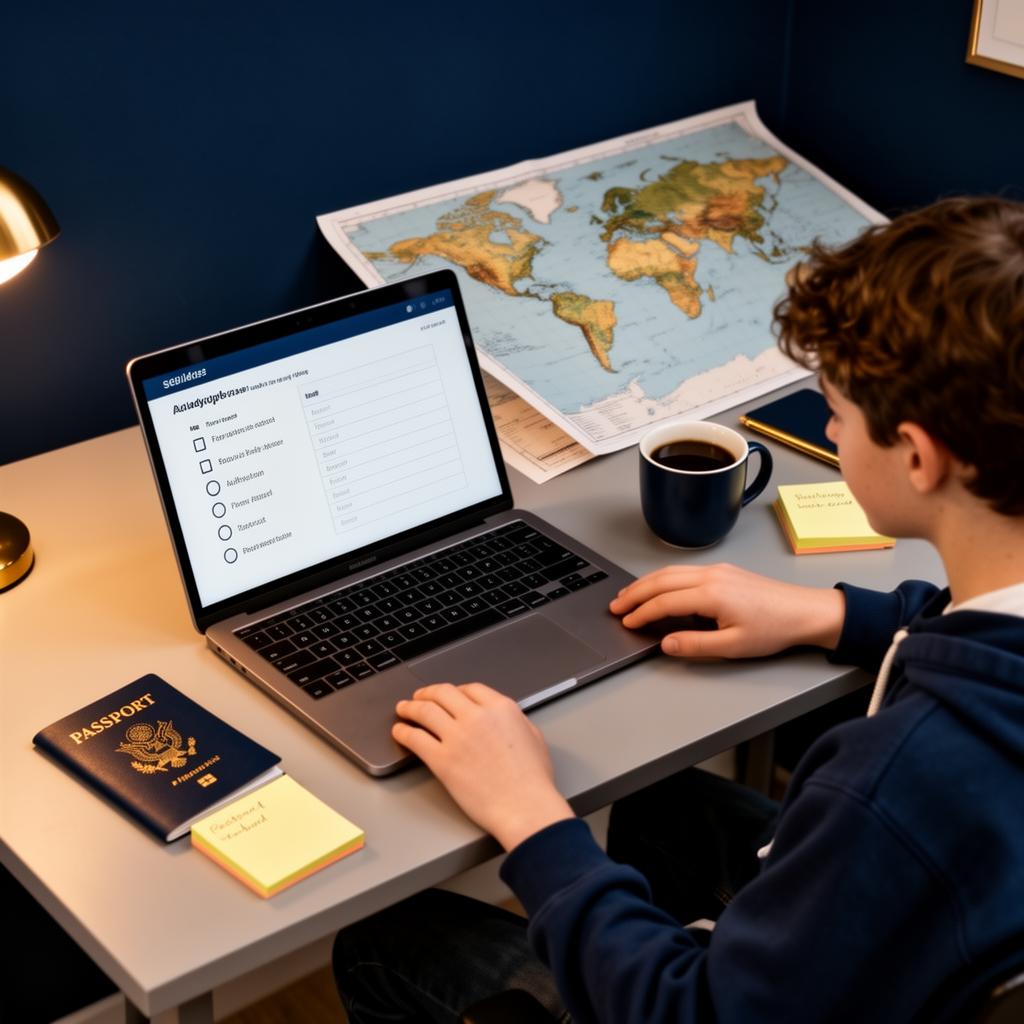 Estudante planejando intercâmbio com checklist no laptop